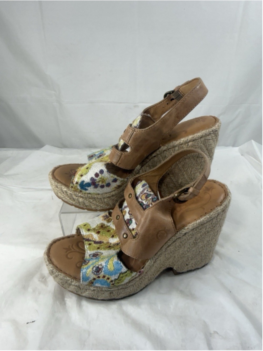 Born Brewster Platform Wedge Sandal Tapestry Leather Jute Heel Women Size 7 M - Picture 3 of 14